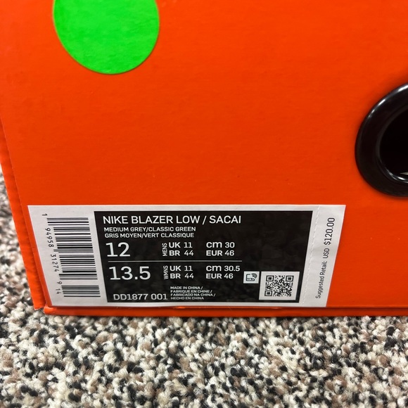 Nike Blazer Low x Sacai "Classic Green" Medium Grey DD1877-001 DS sz 12 Kaws - Picture 2 of 7